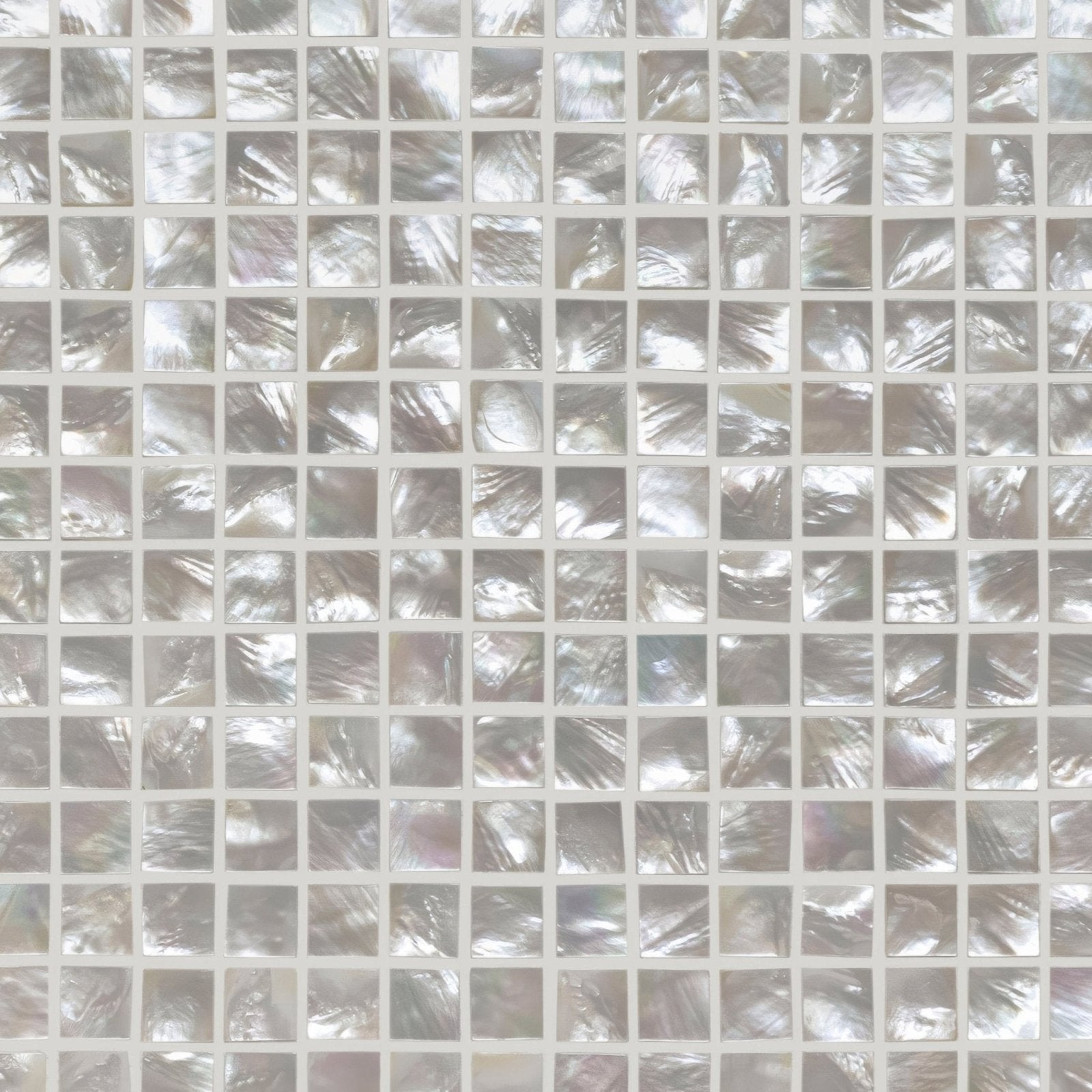 Innocence 25mm square iridescent silver mosaic tile with subtle pearlescent sheen and delicate organic patterns