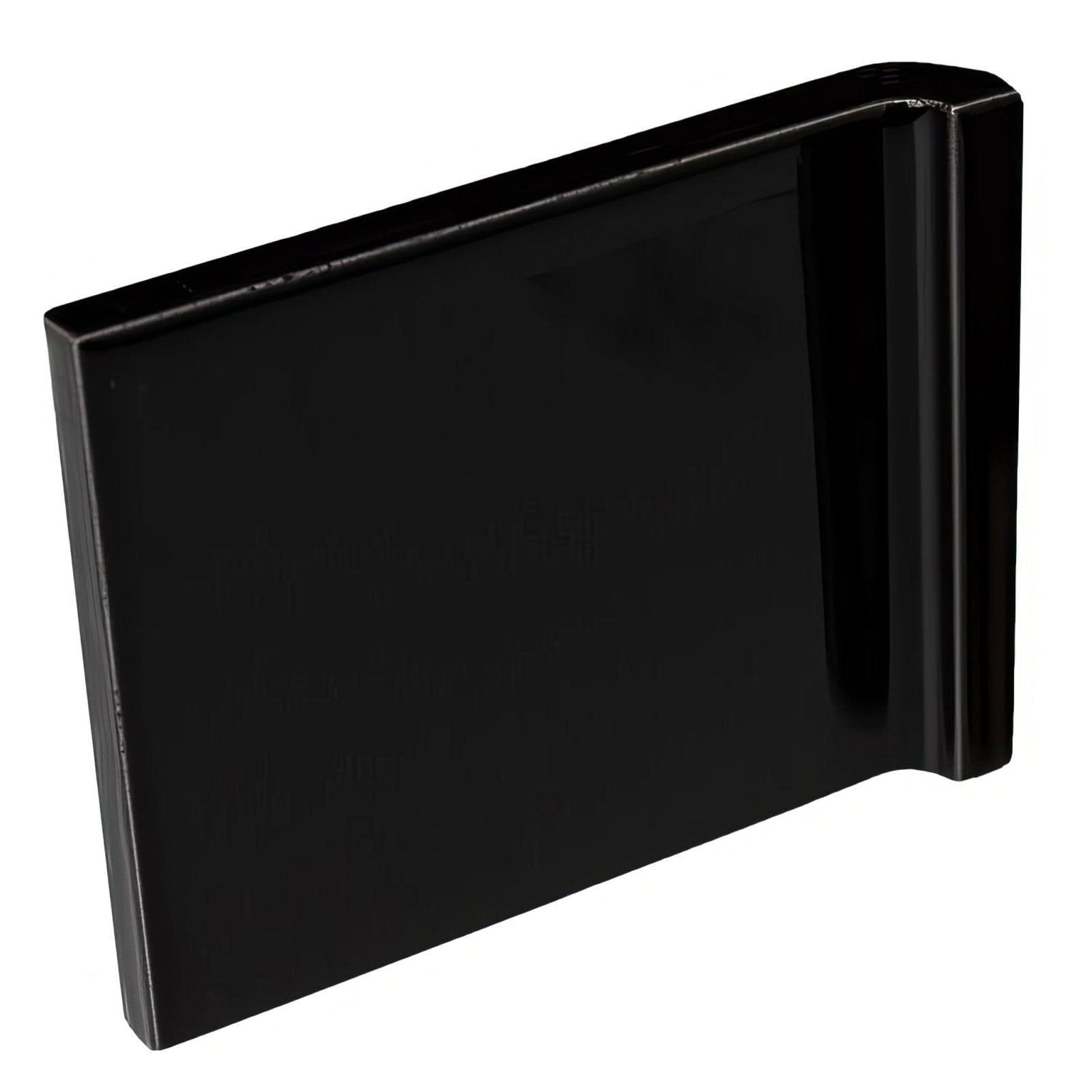 Black glossy rectangular plastic card holder with rounded corners smooth reflective surface internal wrapping piece jet black