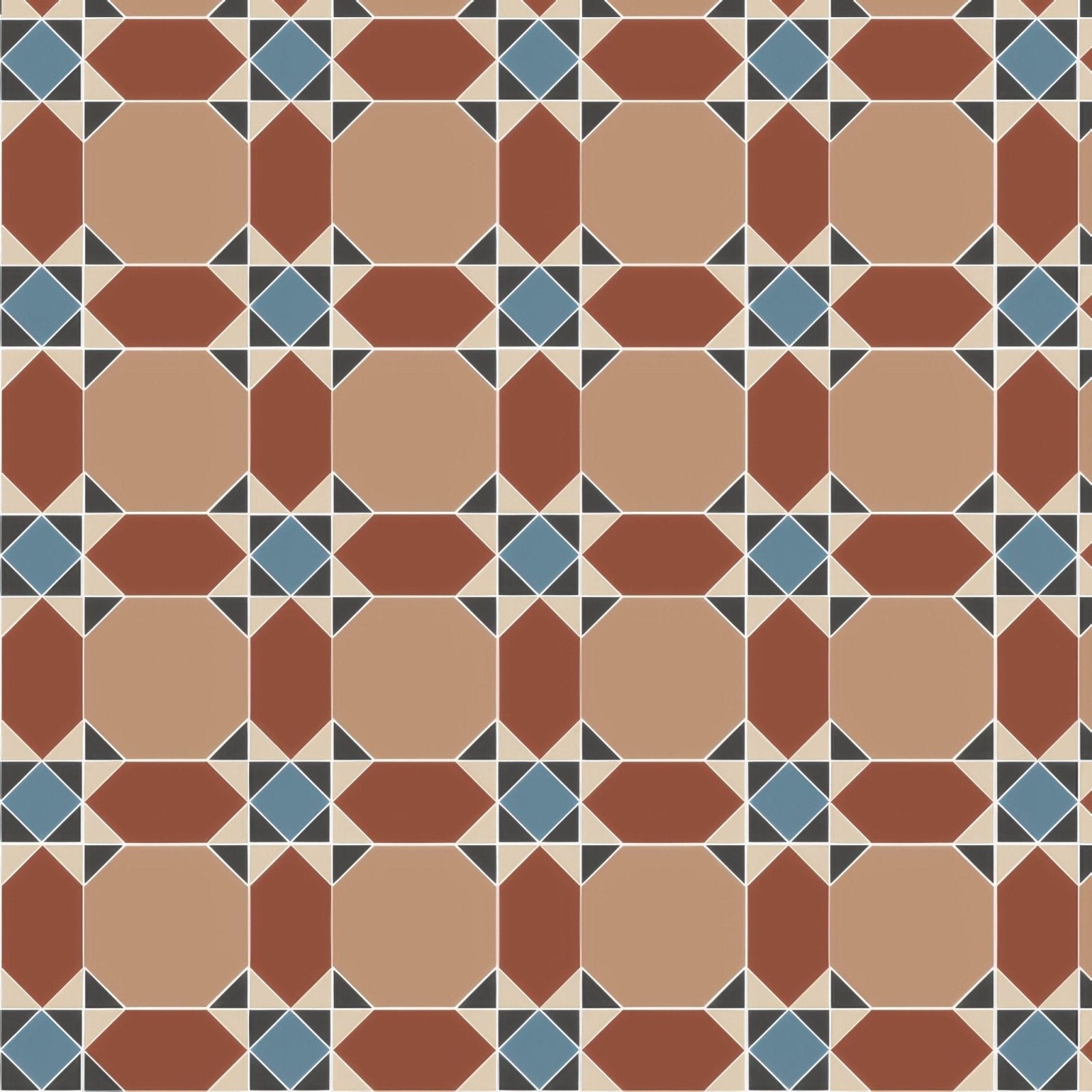 Inverlochy blue and red terracotta and blue geometric patterned tile floor with durable ceramic material