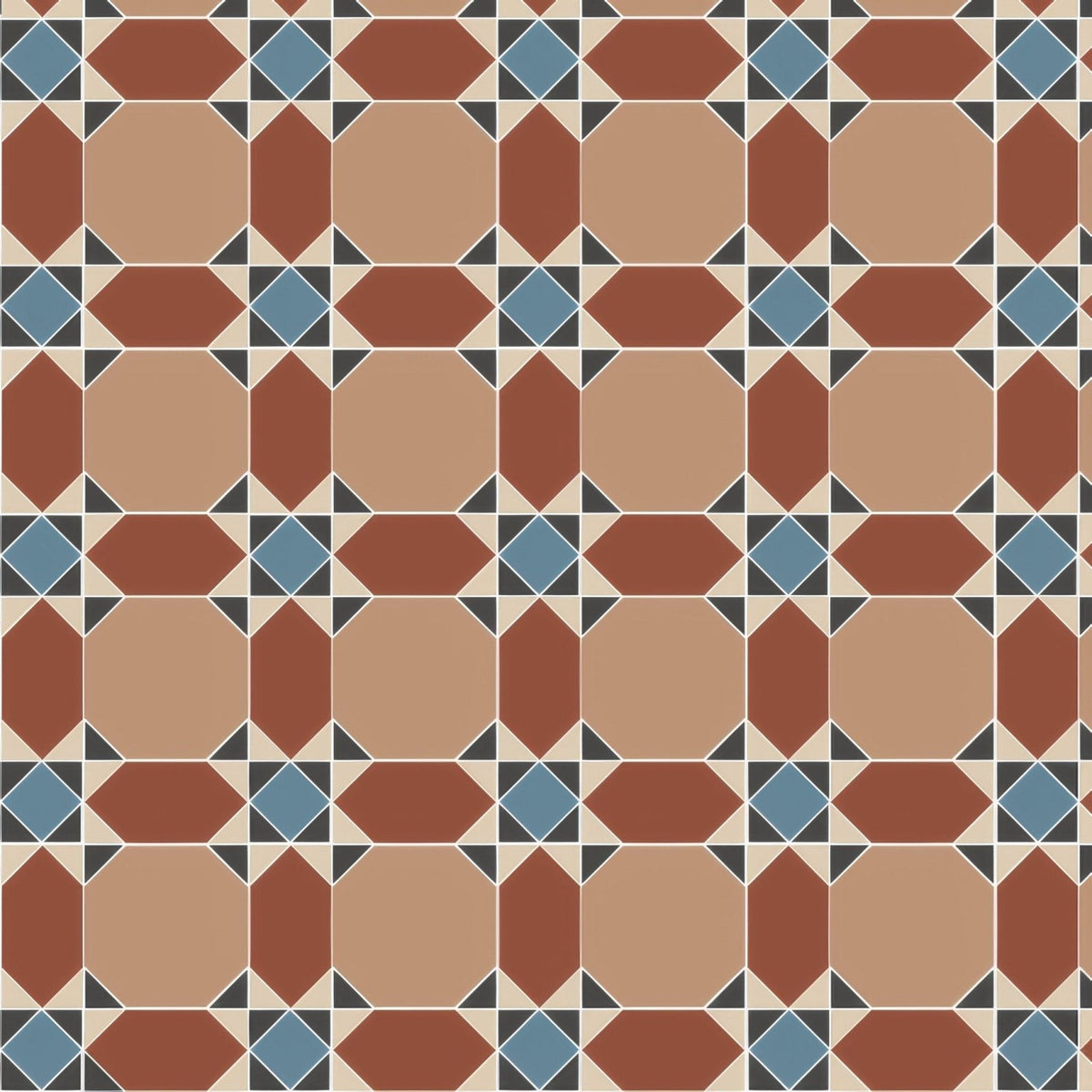 Inverlochy blue and red terracotta and blue geometric patterned tile floor with durable ceramic material
