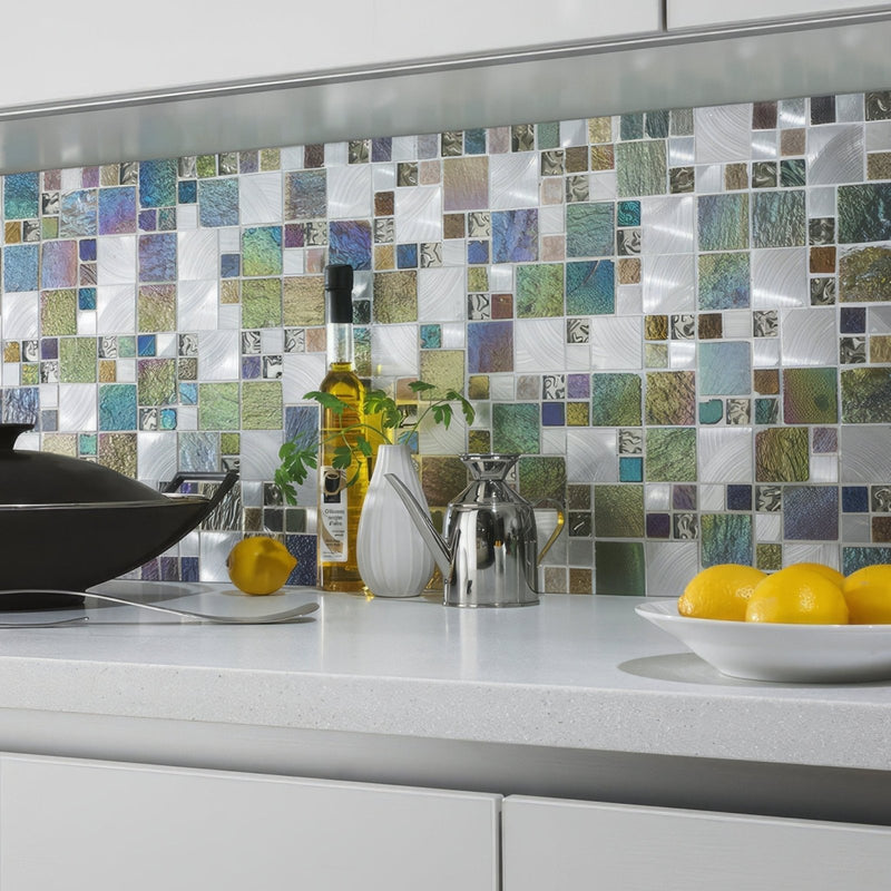 Iridescent Glass, Stone & Metal Mix Modular Mosaic