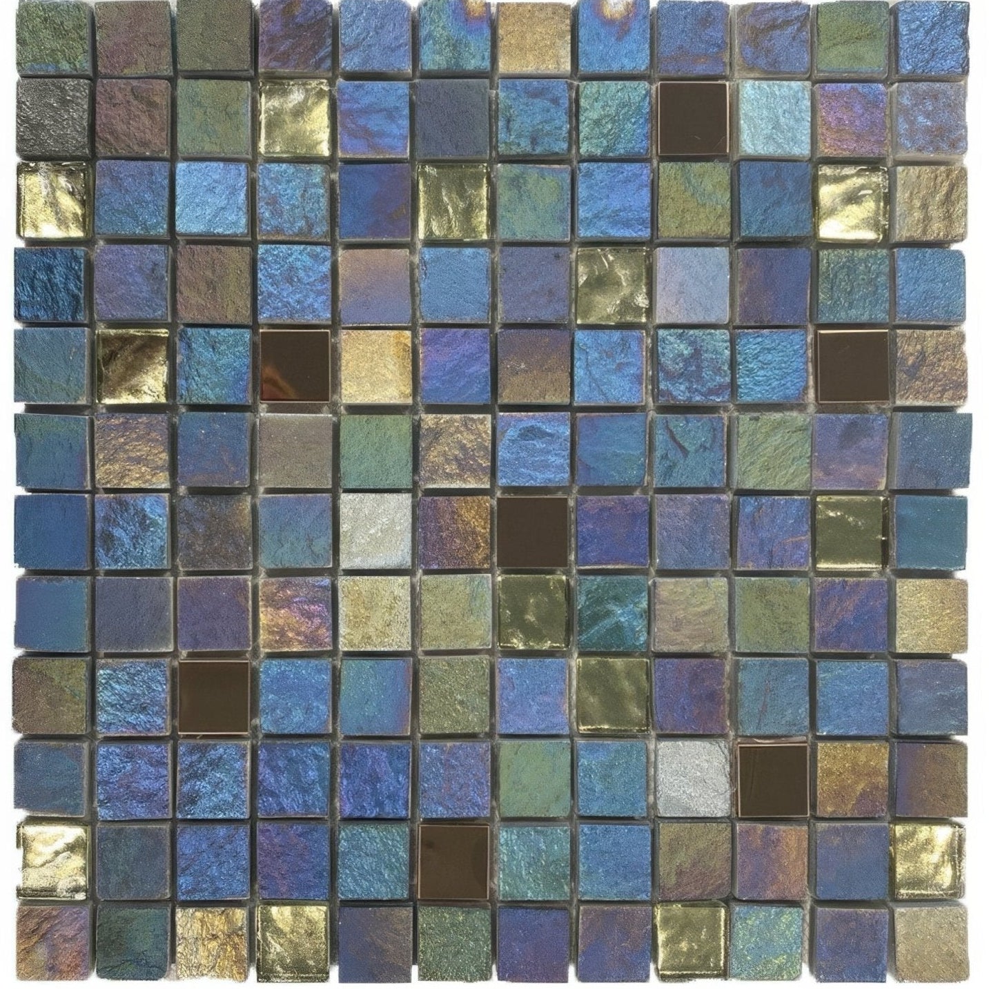 Iridescent glass stone metal mix mosaic tile panel in blue green and gold with textured reflective surface 23x23mm