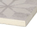 Off-white ceramic square tile with subtle gray geometric starburst pattern and textured surface istria ravni patterned tile