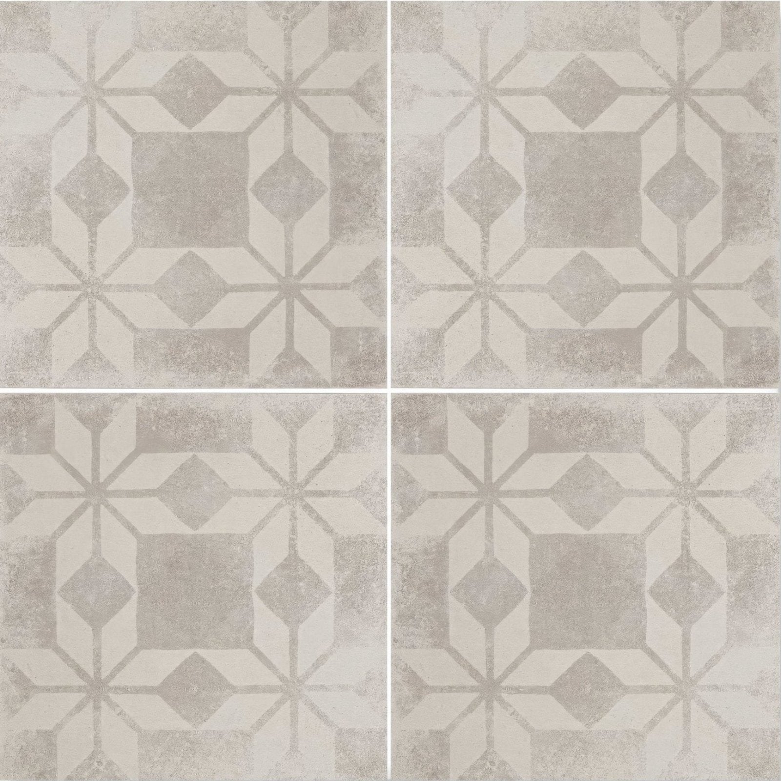 Istria Ravni patterned tile with gray and off-white geometric ceramic floor tiles and subtle distressed finish