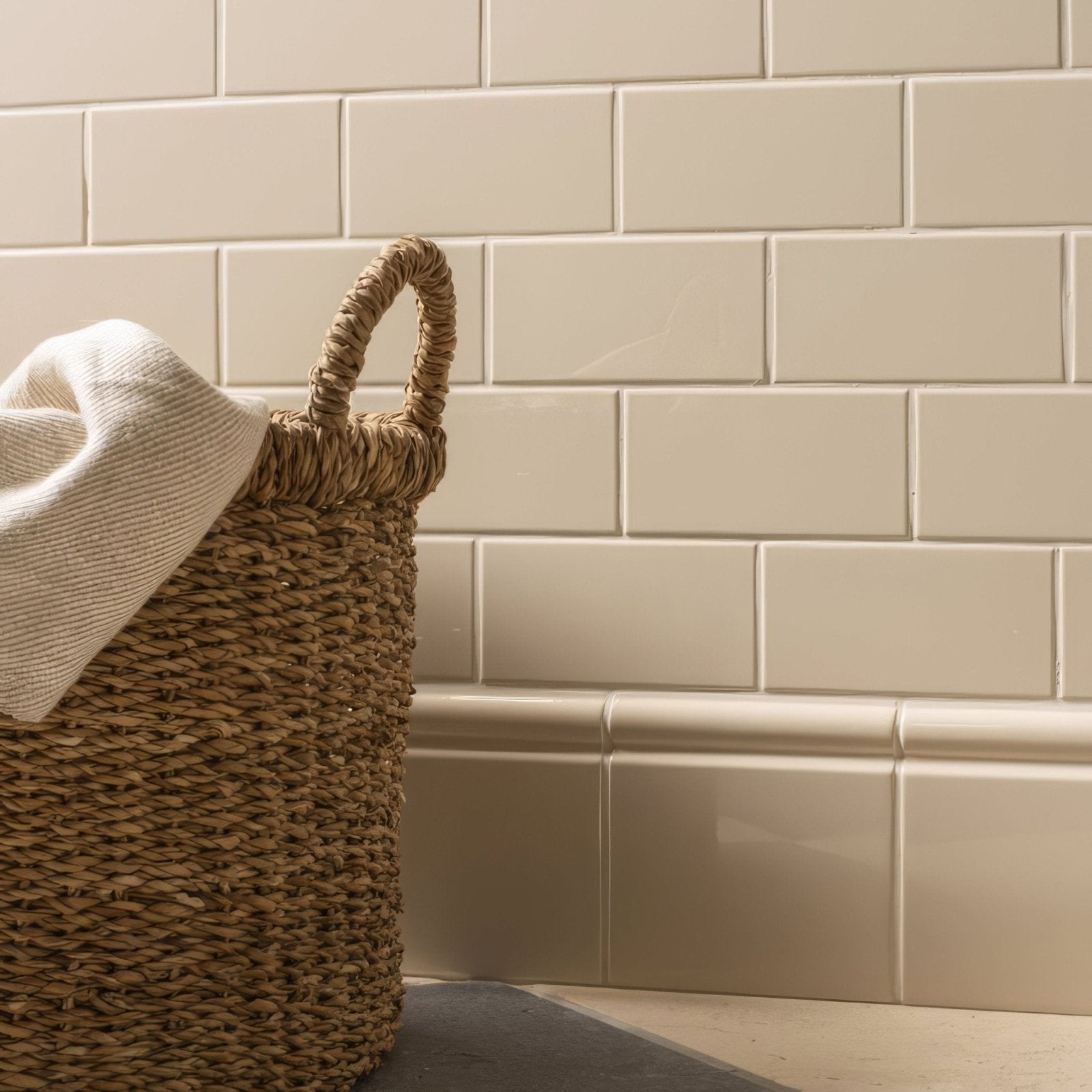 Ivory half tile natural woven wicker laundry basket with a sturdy braided handle for durable storage