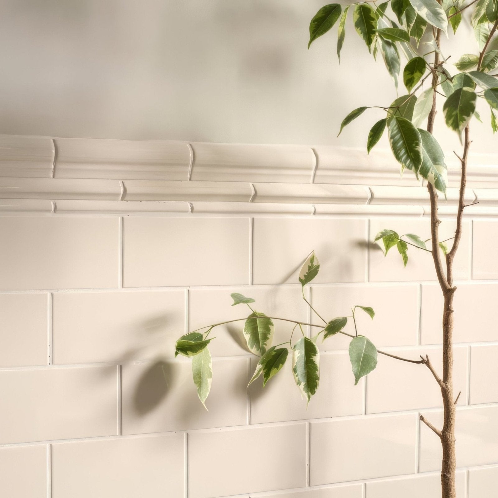 A slender leafy plant with variegated green leaves stands against an ivory half tile off white subway tile background