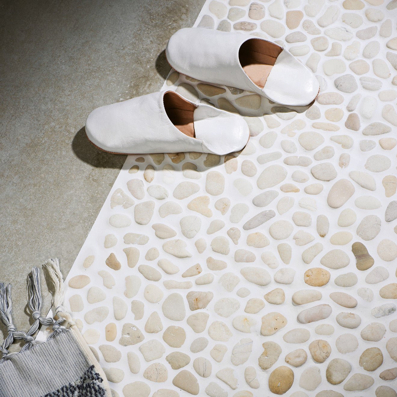 Ivory Samoa Pebble Mosaics white pebble mosaic with white leather mules