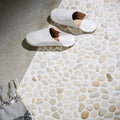 Ivory Samoa Pebble Mosaics white pebble mosaic with white leather mules
