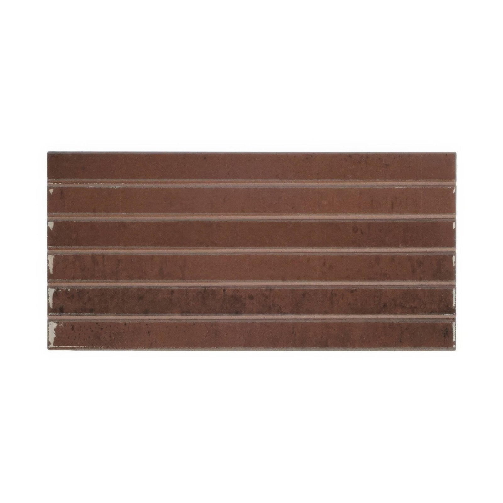 Rectangular brown ceramic ixworth mulberry bar tile with horizontal ridged texture for wall and bar applications