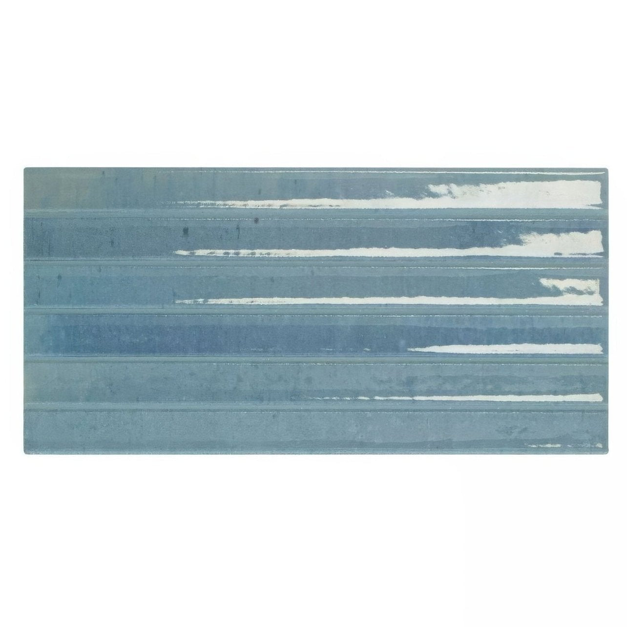 A rectangular ceramic Ixworth sky bar tile with a glossy muted blue surface and horizontal stripes with subtle white accents
