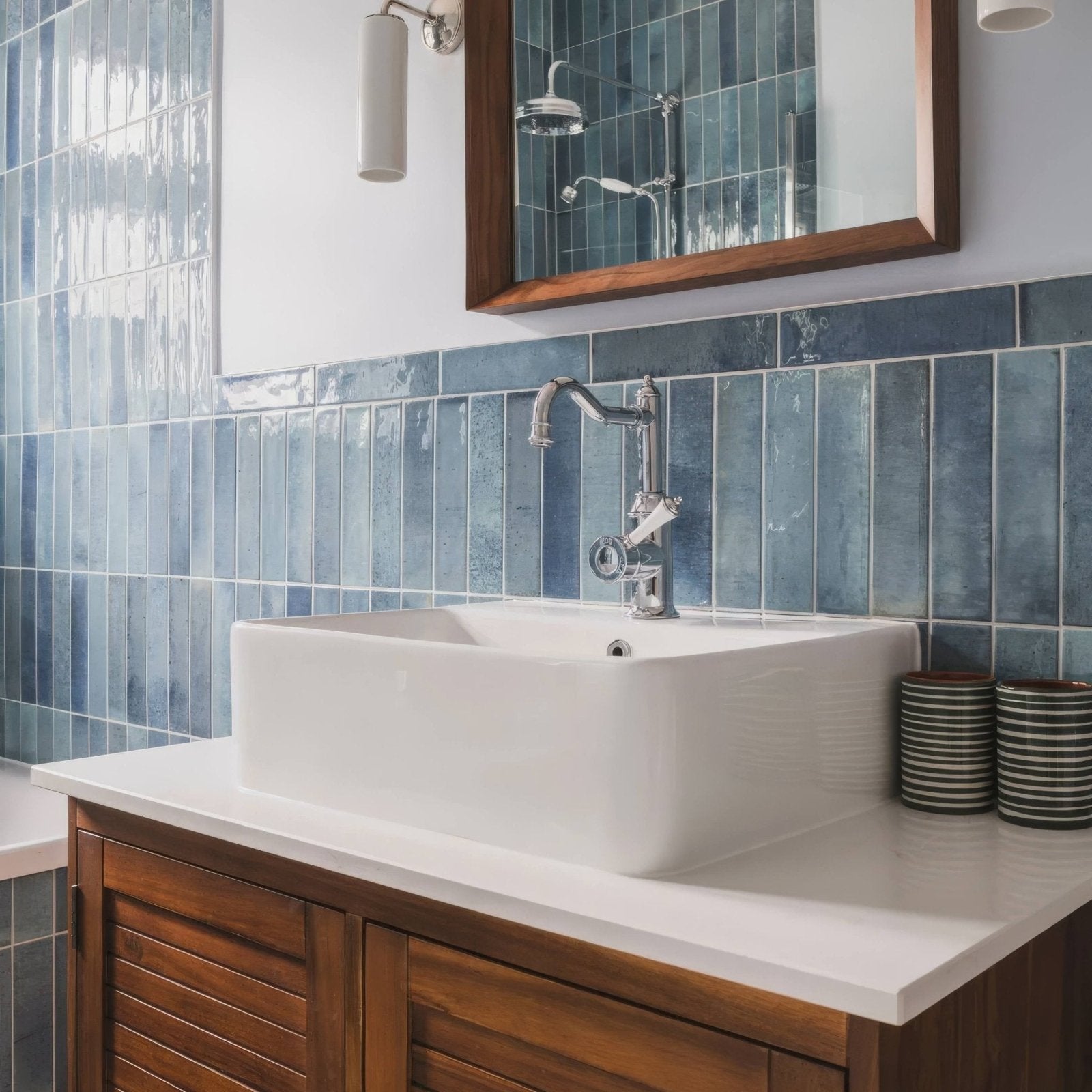 White rectangular ceramic sink with polished chrome faucet on wooden vanity against ixworth sky brick tile walls