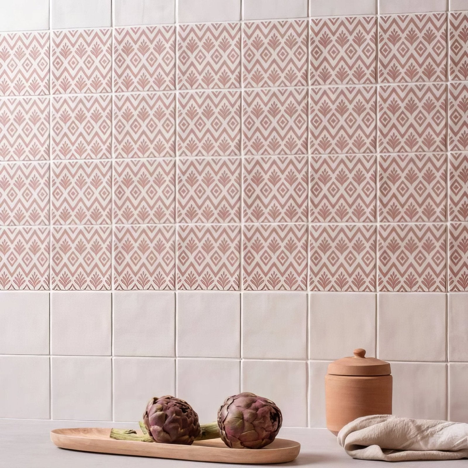 Jacquard Clay pink and cream geometric patterned ceramic tiles for stylish wall or floor decoration