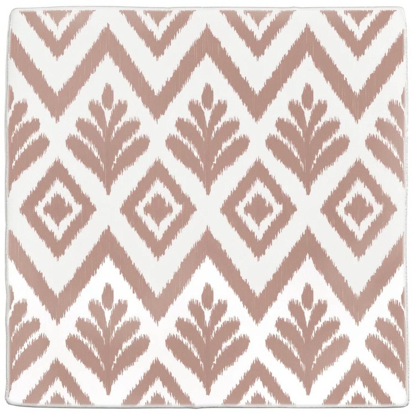 A square ceramic coaster with a muted rose gold and white ikat pattern from jacquard clay
