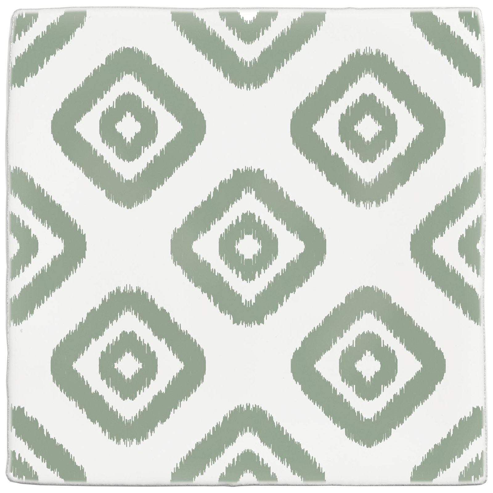 A square ceramic tile named jacquard sage with a white background and olive green ikat diamond pattern