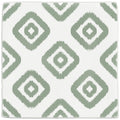 A square ceramic tile named jacquard sage with a white background and olive green ikat diamond pattern