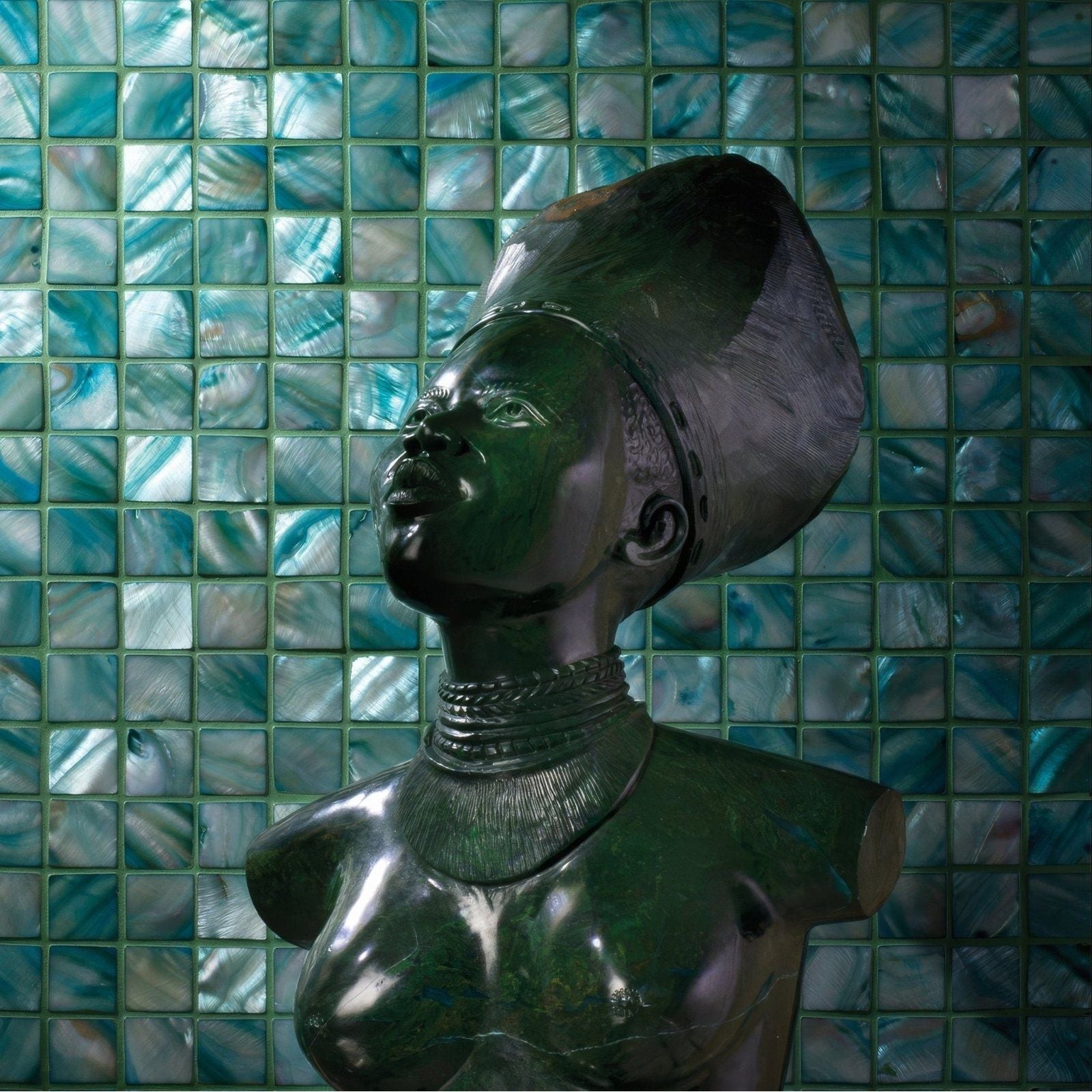 Jade 25mm square dark green polished stone bust of a woman with ornate headdress and beaded necklace