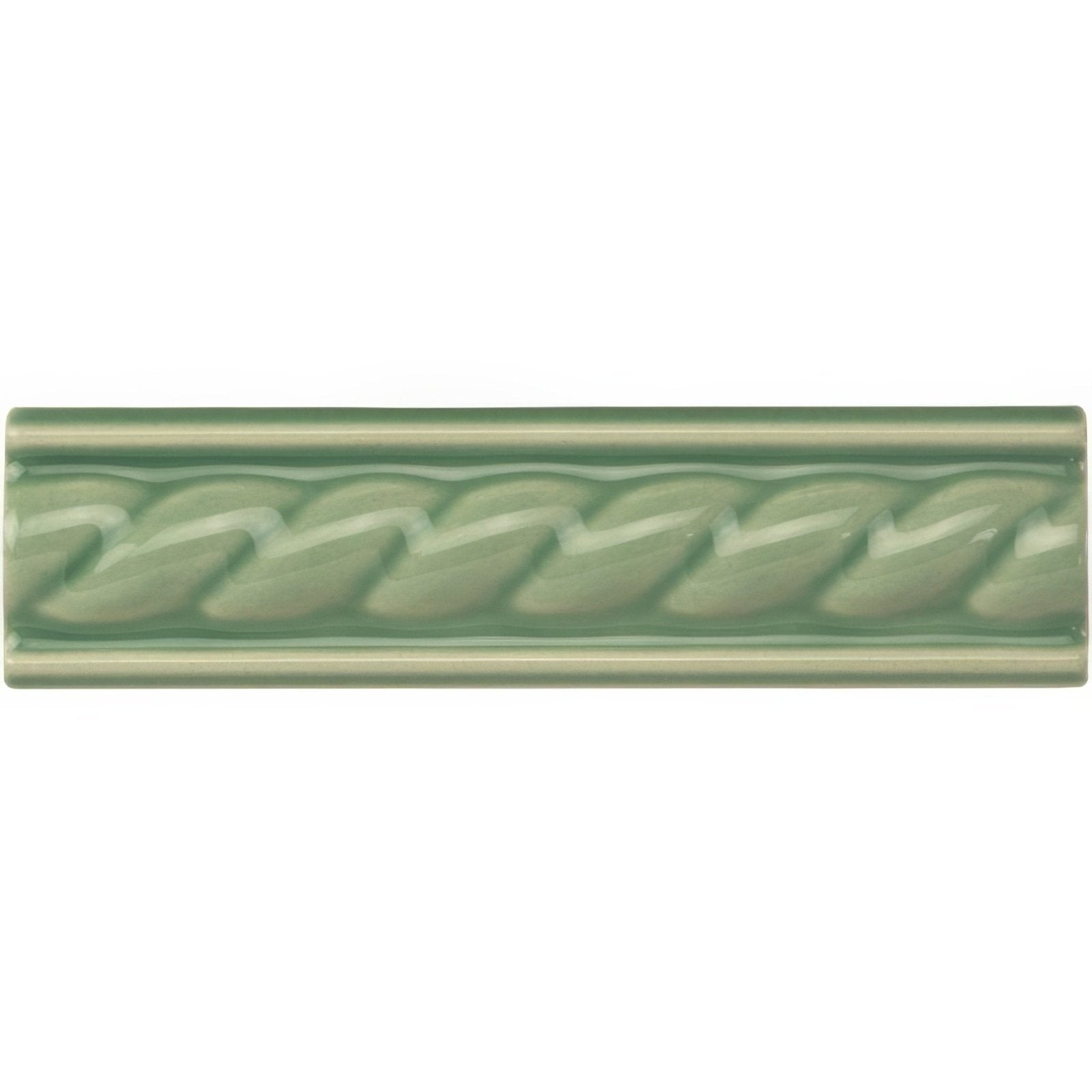 A rectangular sage green ceramic tile with raised rope-like texture in the center jade breeze rope moulding