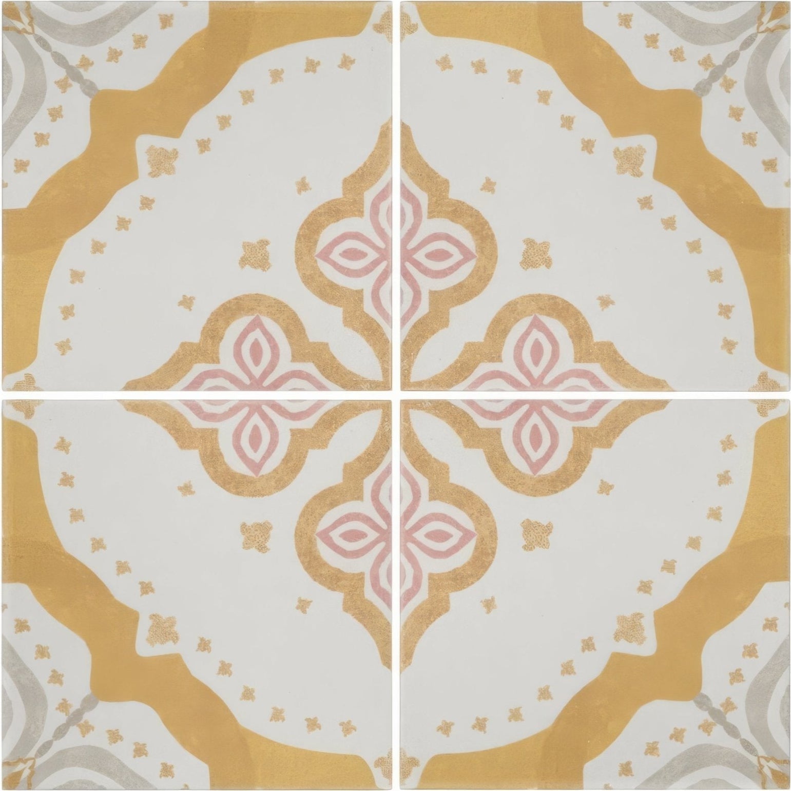 White ceramic floor tile with gold and soft pink ornamental pattern from jaipur akola patterned tile collection