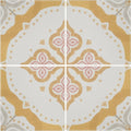 White ceramic floor tile with gold and soft pink ornamental pattern from jaipur akola patterned tile collection