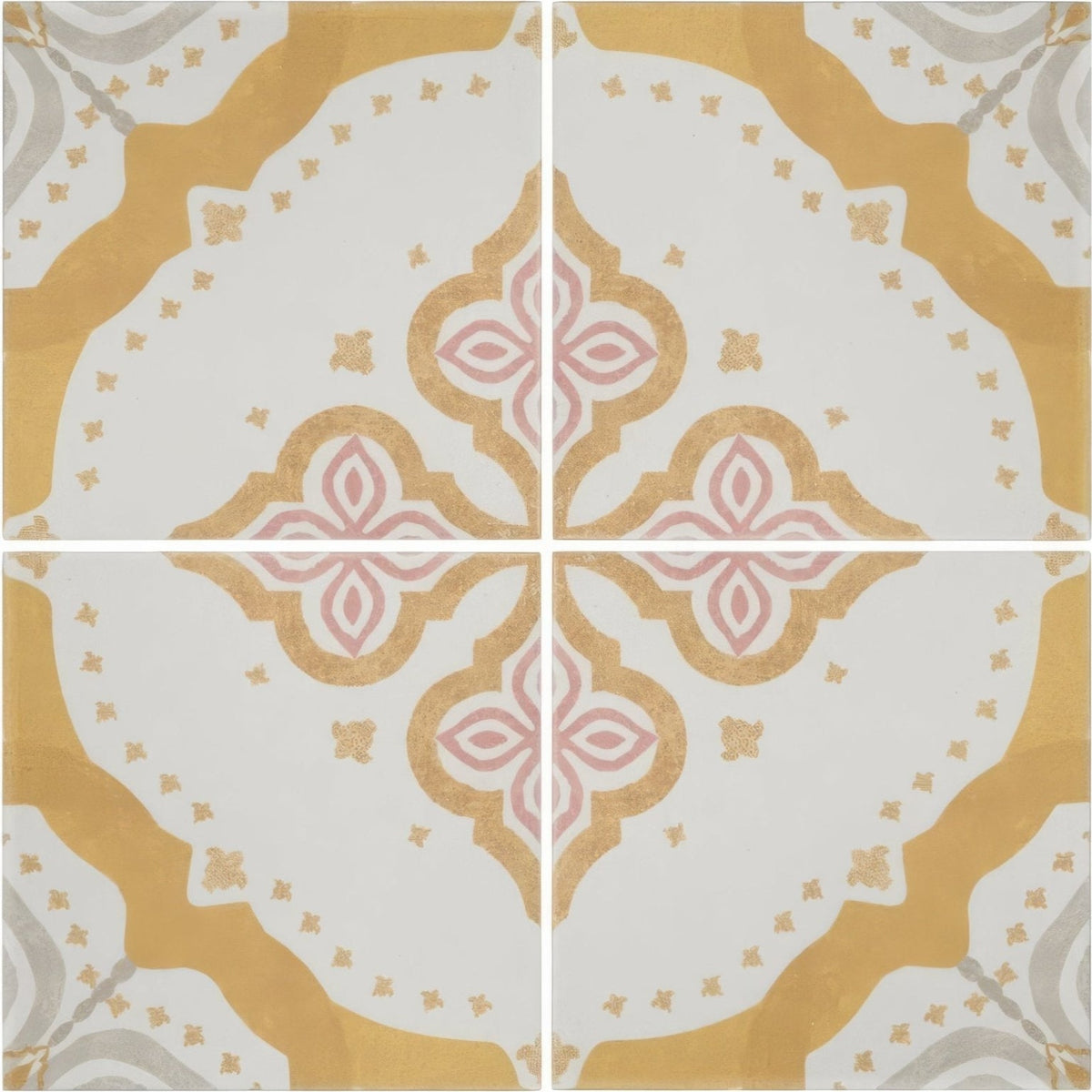 White ceramic floor tile with gold and soft pink ornamental pattern from jaipur akola patterned tile collection