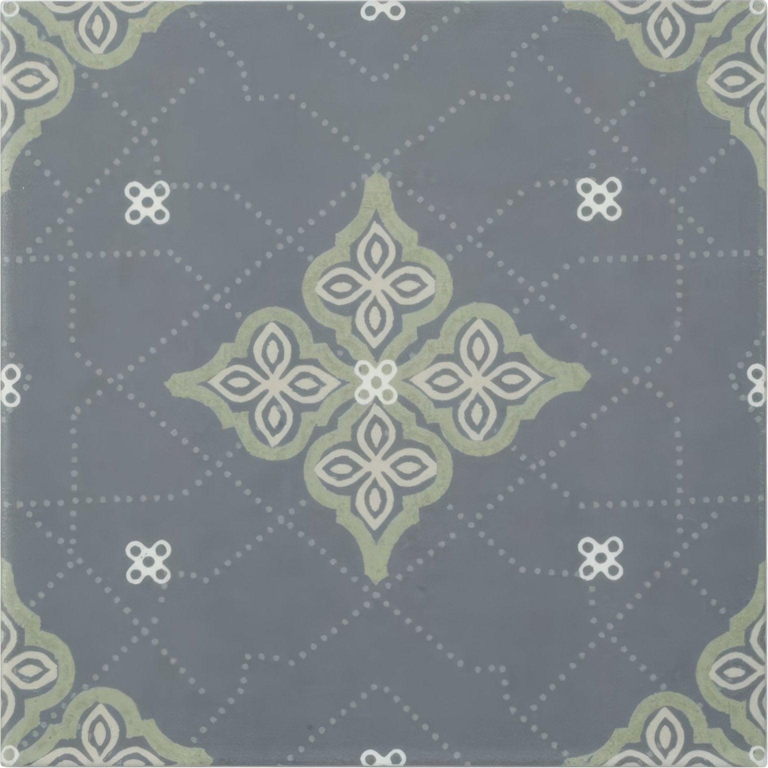 Jaipur Bagh patterned tile in gray ceramic with a symmetrical ornate sage green and white design