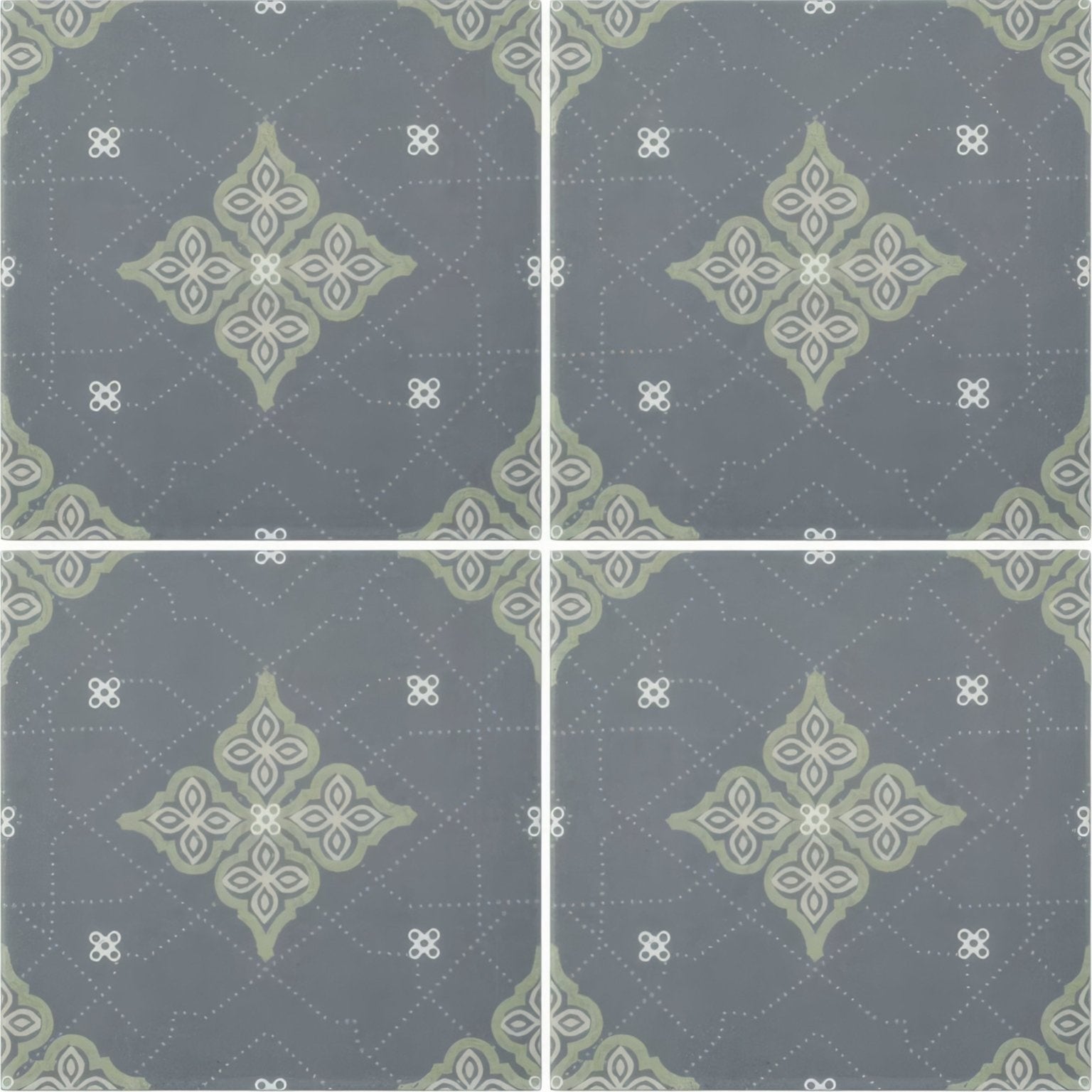 Gray ceramic floor tile with subtle light green and white ornamental diamond pattern jaipur bagh patterned tile