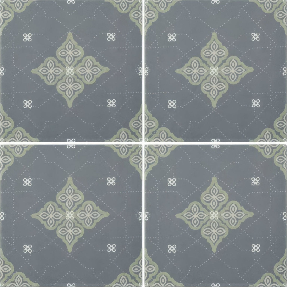Gray ceramic floor tile with subtle light green and white ornamental diamond pattern jaipur bagh patterned tile