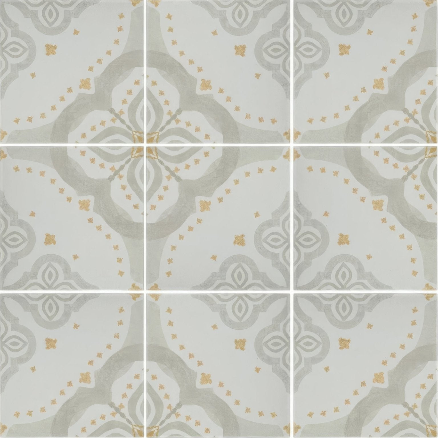 Gray and gold patterned ceramic floor tile with intricate geometric designs from jaipur barmer collection