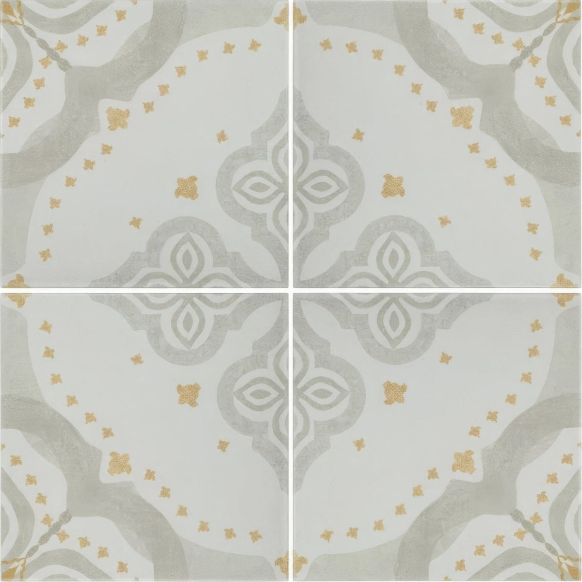 Jaipur barmer patterned tile featuring gray and gold ornate ceramic floor tiles with symmetrical design