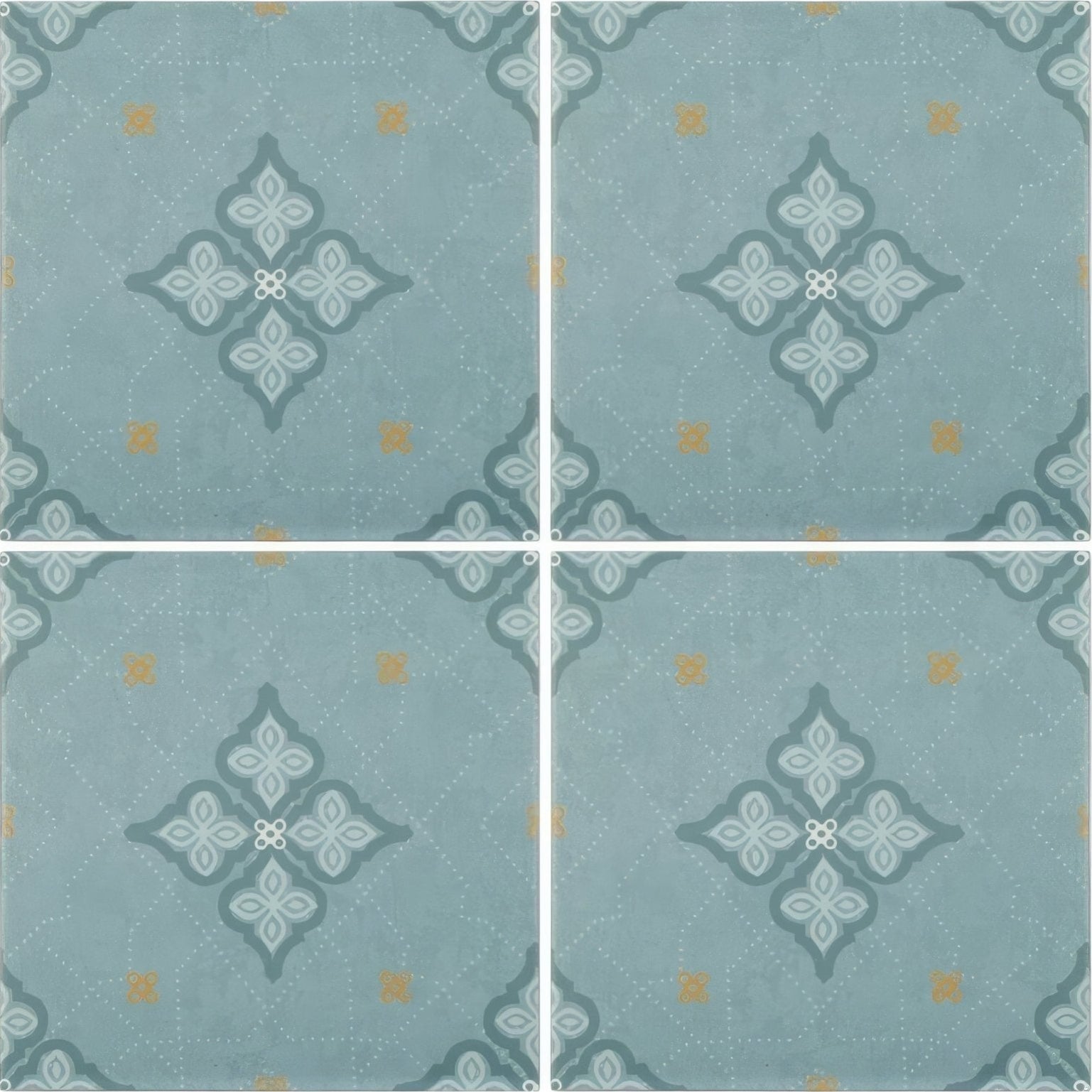 Jaipur dabu patterned tile featuring light blue ceramic floor tiles with subtle geometric teal and pale yellow accents