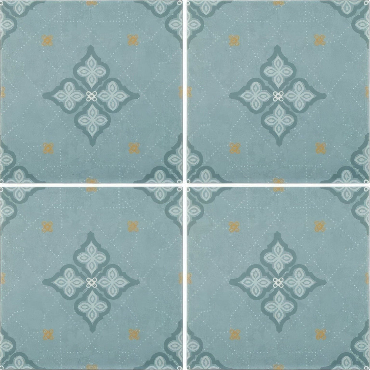Jaipur dabu patterned tile featuring light blue ceramic floor tiles with subtle geometric teal and pale yellow accents