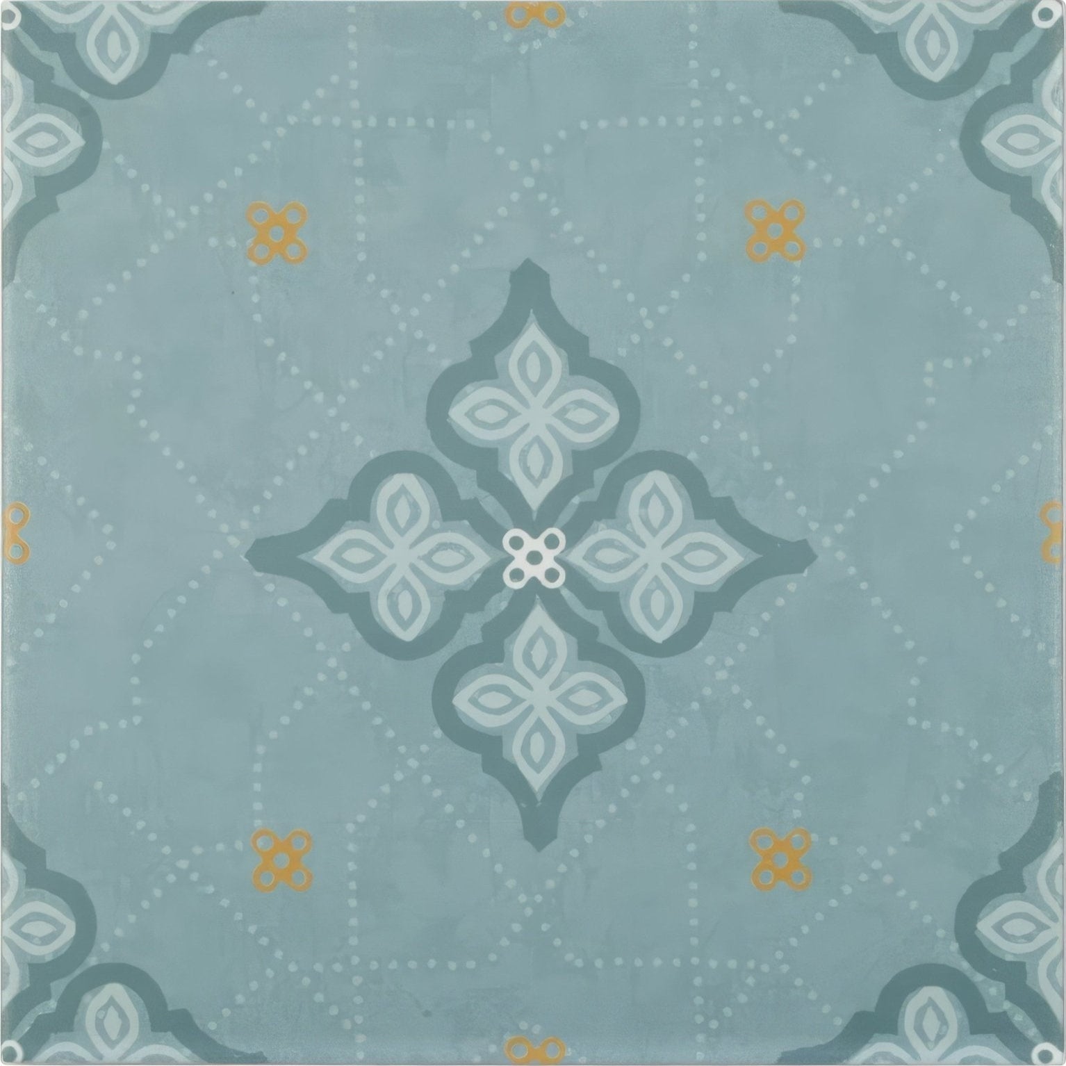 A square ceramic jaipur dabu patterned tile with a light blue background and white dark teal floral motifs with yellow accents