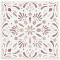 A square ceramic tile named Jaipur Dahlia with a delicate symmetrical floral pattern in soft mauve and beige tones