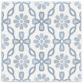 Square ceramic tile named jaipur daisy with delicate light blue floral and chain-link pattern on white background