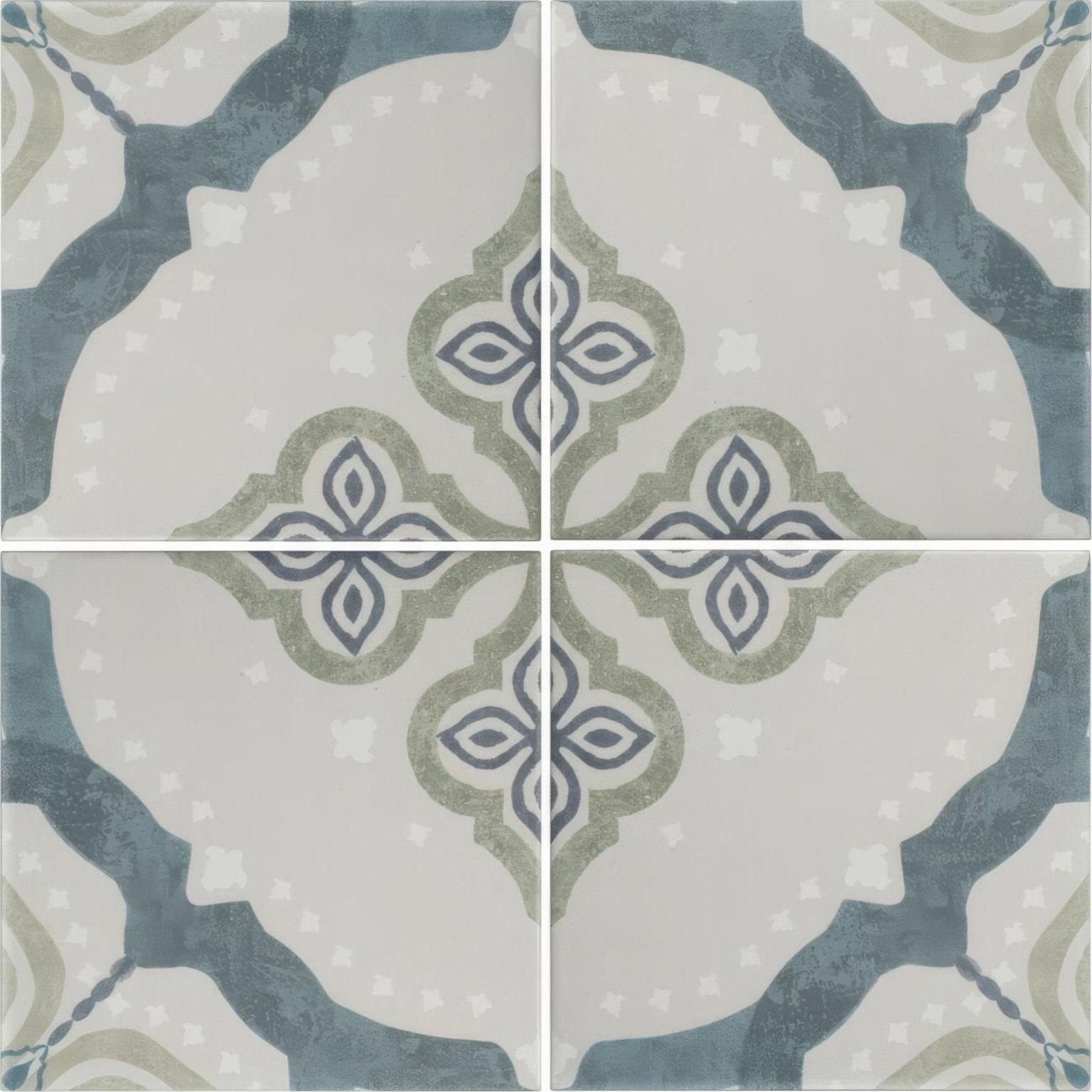 Jaipur Deesar patterned tile featuring blue and gray ceramic with a quatrefoil design for decorative use