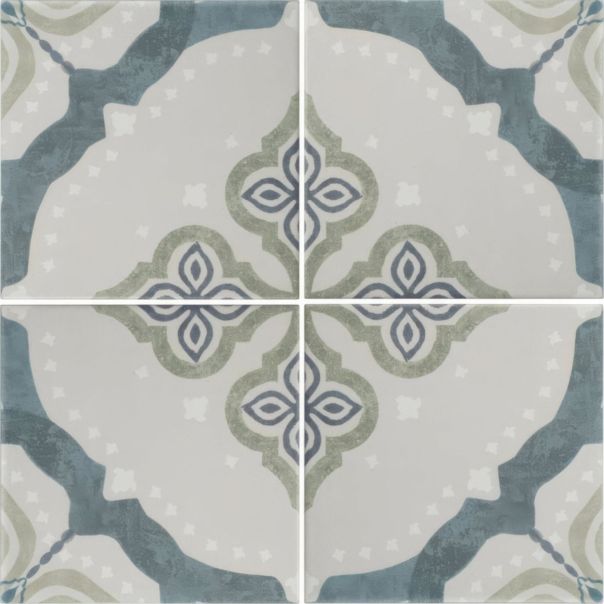 Jaipur Deesar patterned tile featuring blue and gray ceramic with a quatrefoil design for decorative use