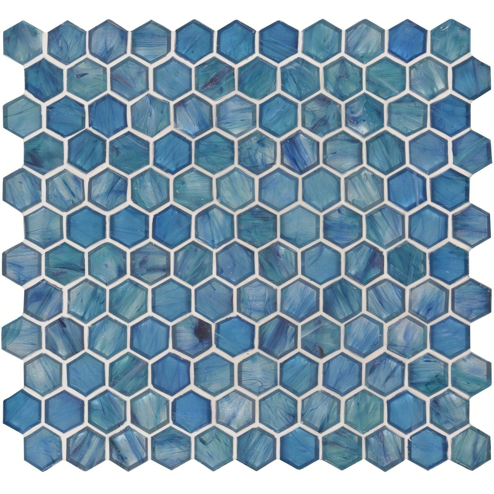 Jaipur glass mosaic blue hexagonal glass tile with swirling marbled pattern and white grout lines