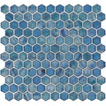 Jaipur glass mosaic blue hexagonal glass tile with swirling marbled pattern and white grout lines