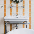 White ceramic pedestal sink with chrome faucets and legs paired with Jaipur Old Ochre rectangle glazed tile