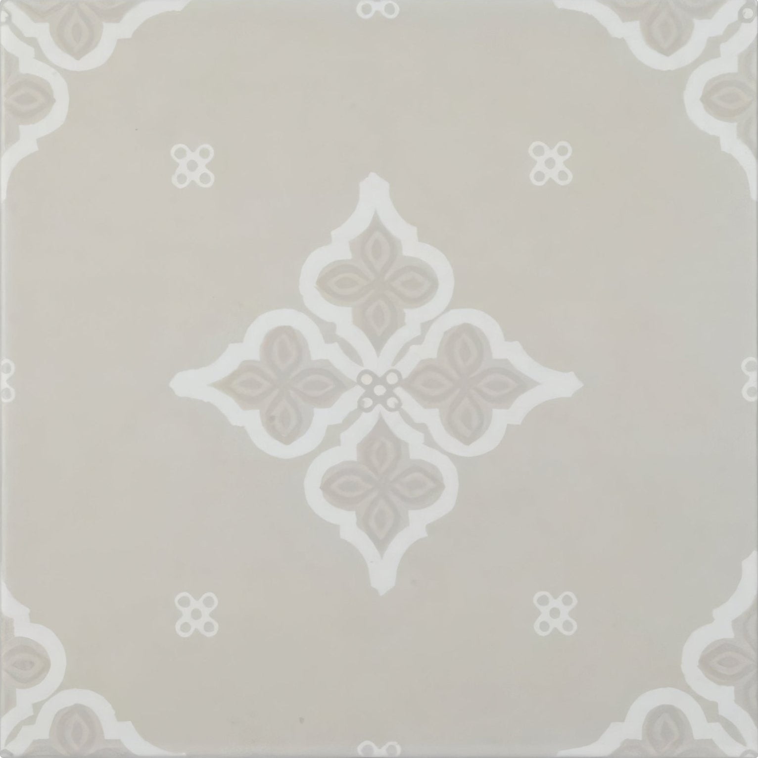 Beige ceramic Jaipur Sagar patterned floor tile with white ornate quatrefoil and decorative motifs design