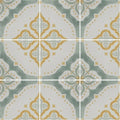 Decorative ceramic jaipur sikkar patterned tile with repeating gold and muted green motifs on white background