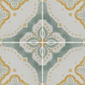 Jaipur Sikkar patterned ceramic tile with symmetrical ornate design in muted sage green and gold on creamy white background