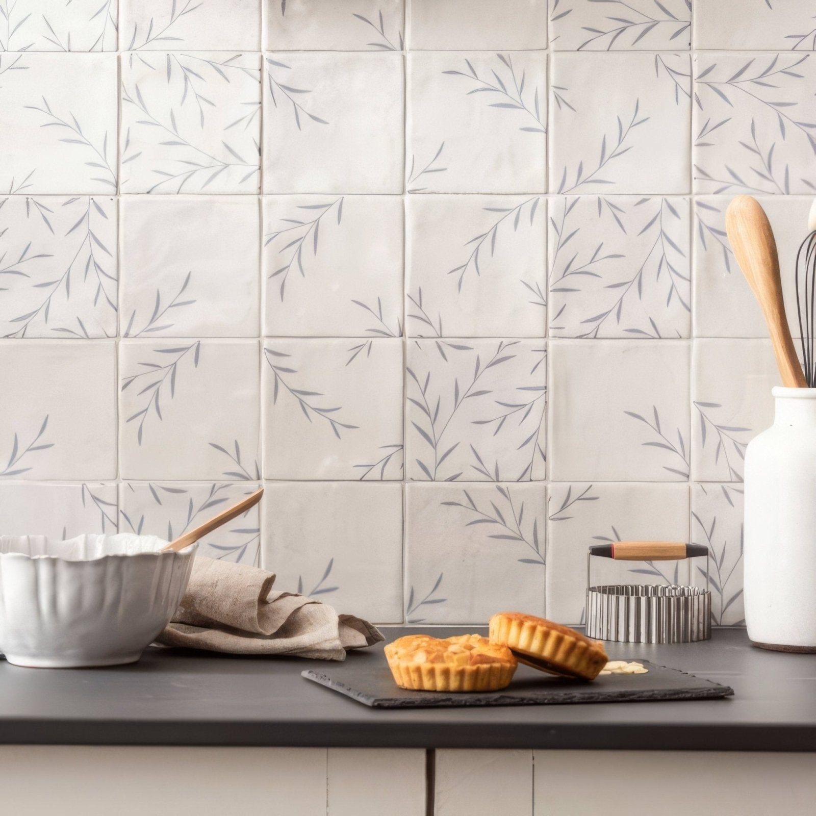 Cream-colored ceramic backsplash tiles with delicate gray leaf patterns from jardin marsh 2 collection