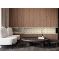 Jasmine Golden Promise white and gold mother-of-pearl floral panel with a dark wood coffee table