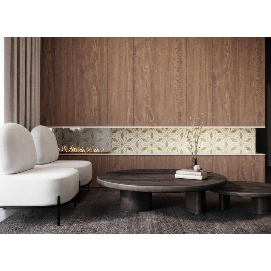 Jasmine Golden Promise white and gold mother-of-pearl floral panel with a dark wood coffee table