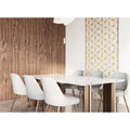 Jasmine Golden Promise white and gold mother-of-pearl floral panel with a white marble dining table