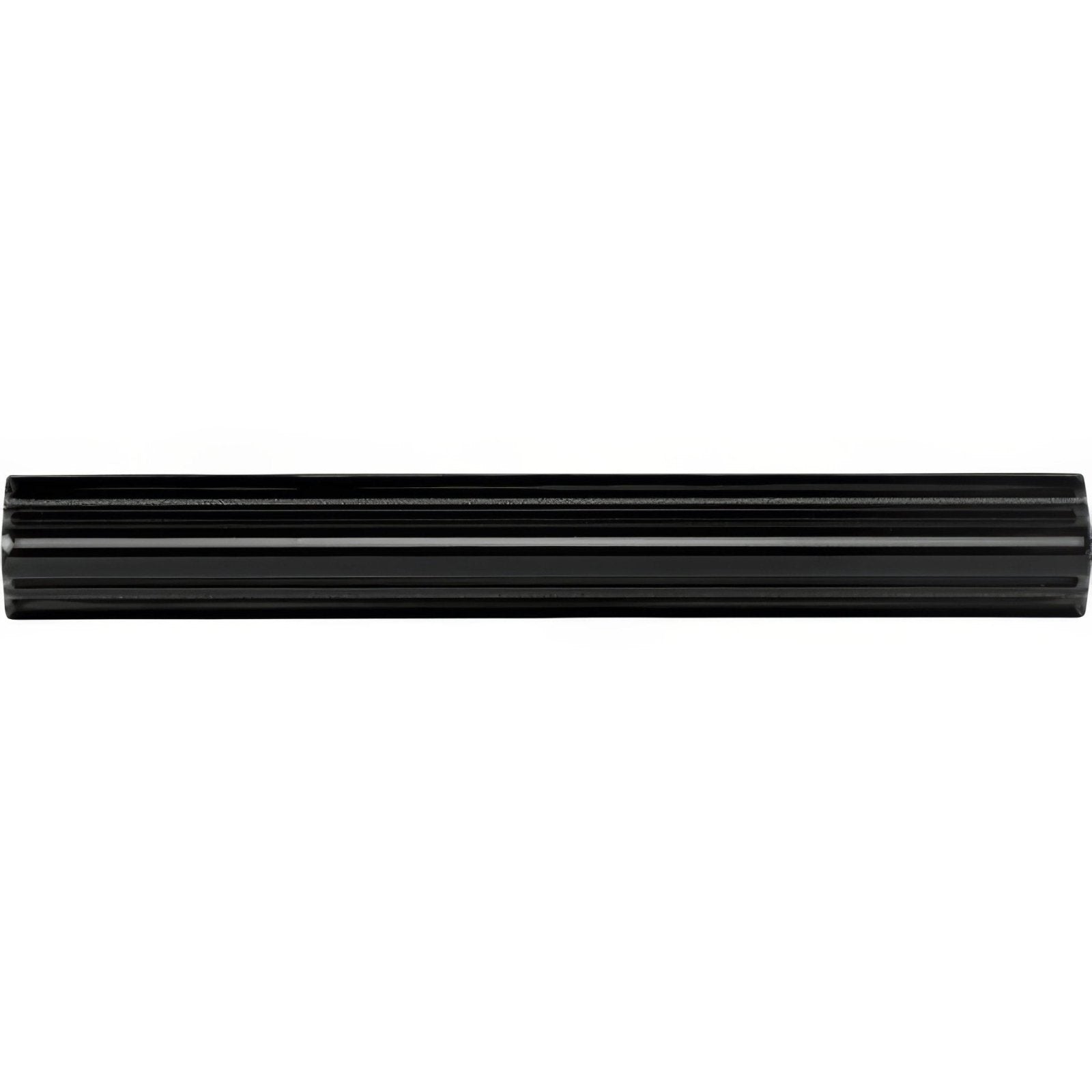 Jet black astragal moulding made of glossy black ceramic tile with a sleek ribbed design for architectural detailing