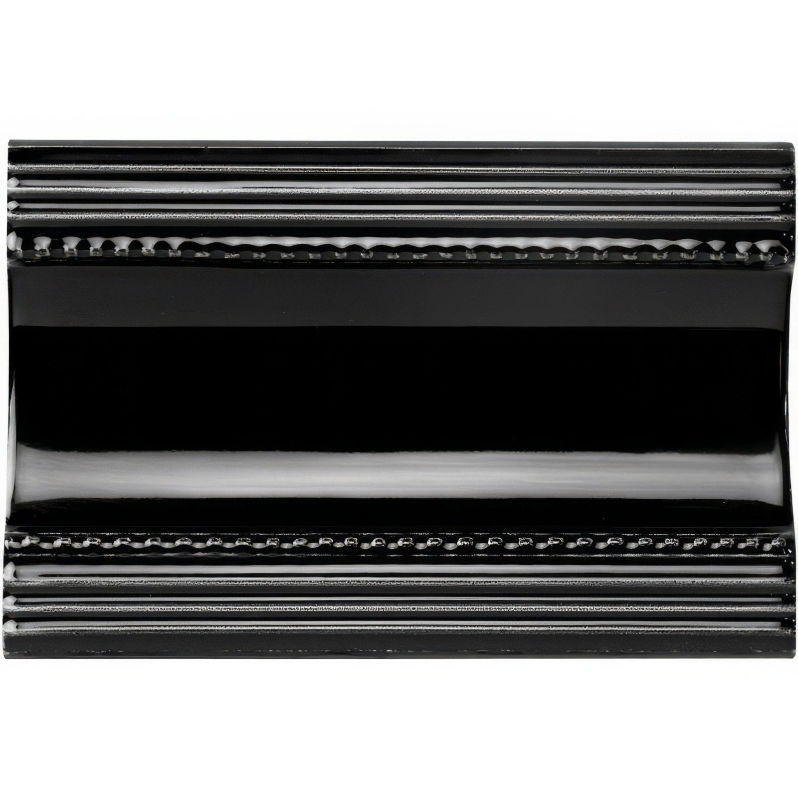 Jet black plain cornice glossy ceramic tile with decorative beaded and reeded molding along edges