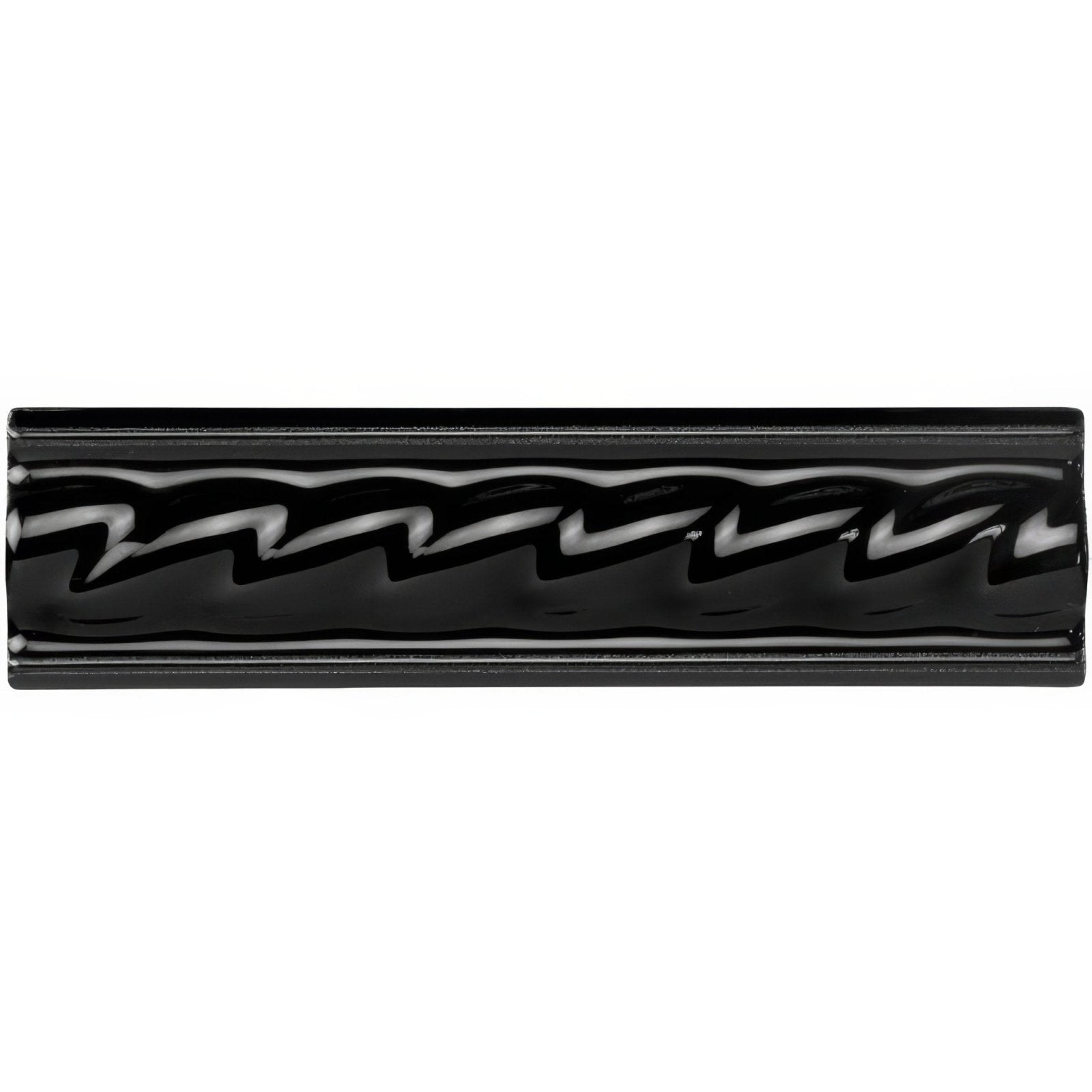 Jet black rope moulding black ceramic tile with glossy finish and raised wavy pattern for decorative use