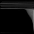 Jet black skirting left corner with black glossy crown molding featuring smooth reflective surface and horizontal grooves
